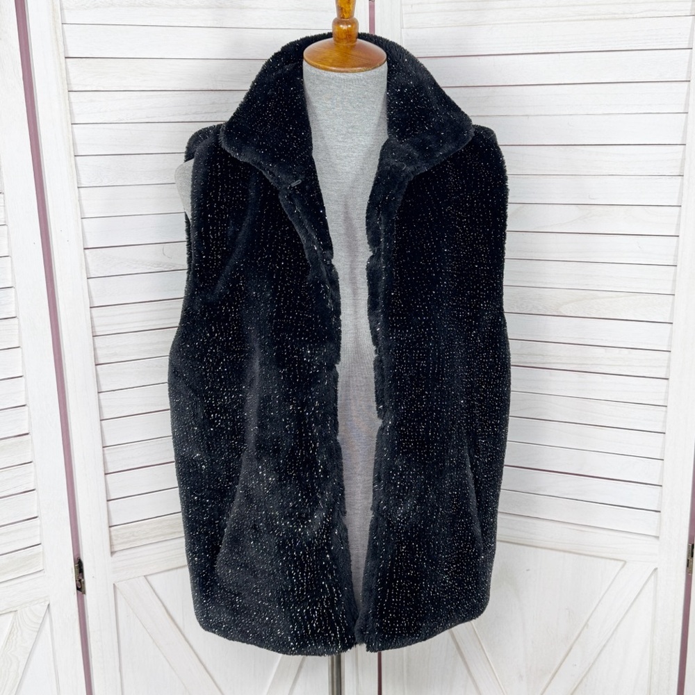 Betsey Johnson Faux‎ Fur Vest Black Metallic Silver Shimmer Large